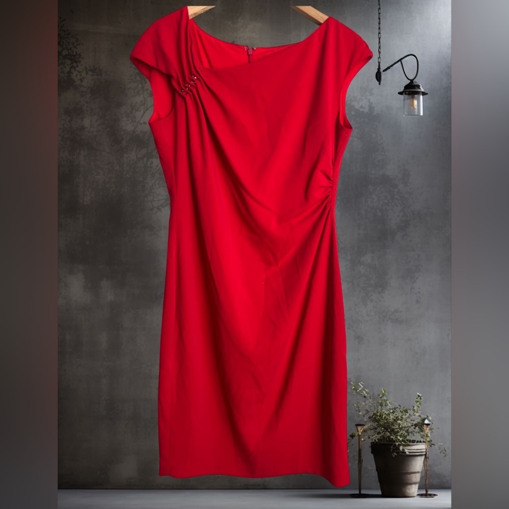 Badgley Mischka Red Ruched Sheath Cocktail Dress Women’s Size 12
